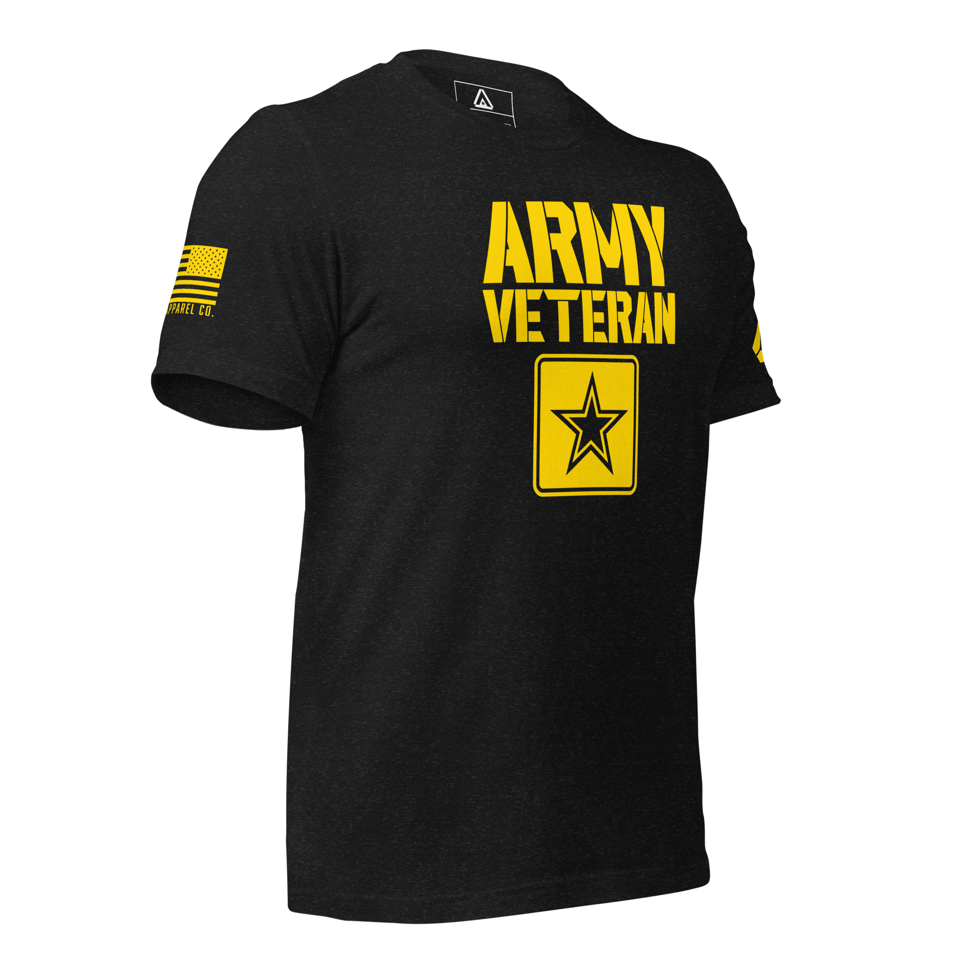 Black t-shirt angled left, featuring yellow "ARMY VETERAN" text, star emblem, and American flag on the right sleeve.