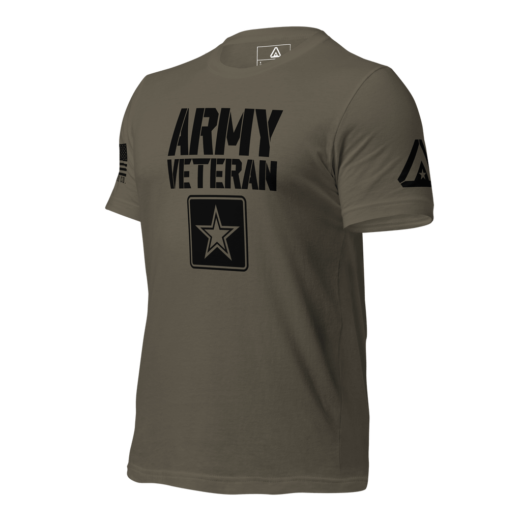 Army green t-shirt angled right, featuring black "ARMY VETERAN" text, star emblem, and DIA logo on the right sleeve.