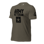 Army green t-shirt angled right, featuring black "ARMY VETERAN" text, star emblem, and DIA logo on the right sleeve.