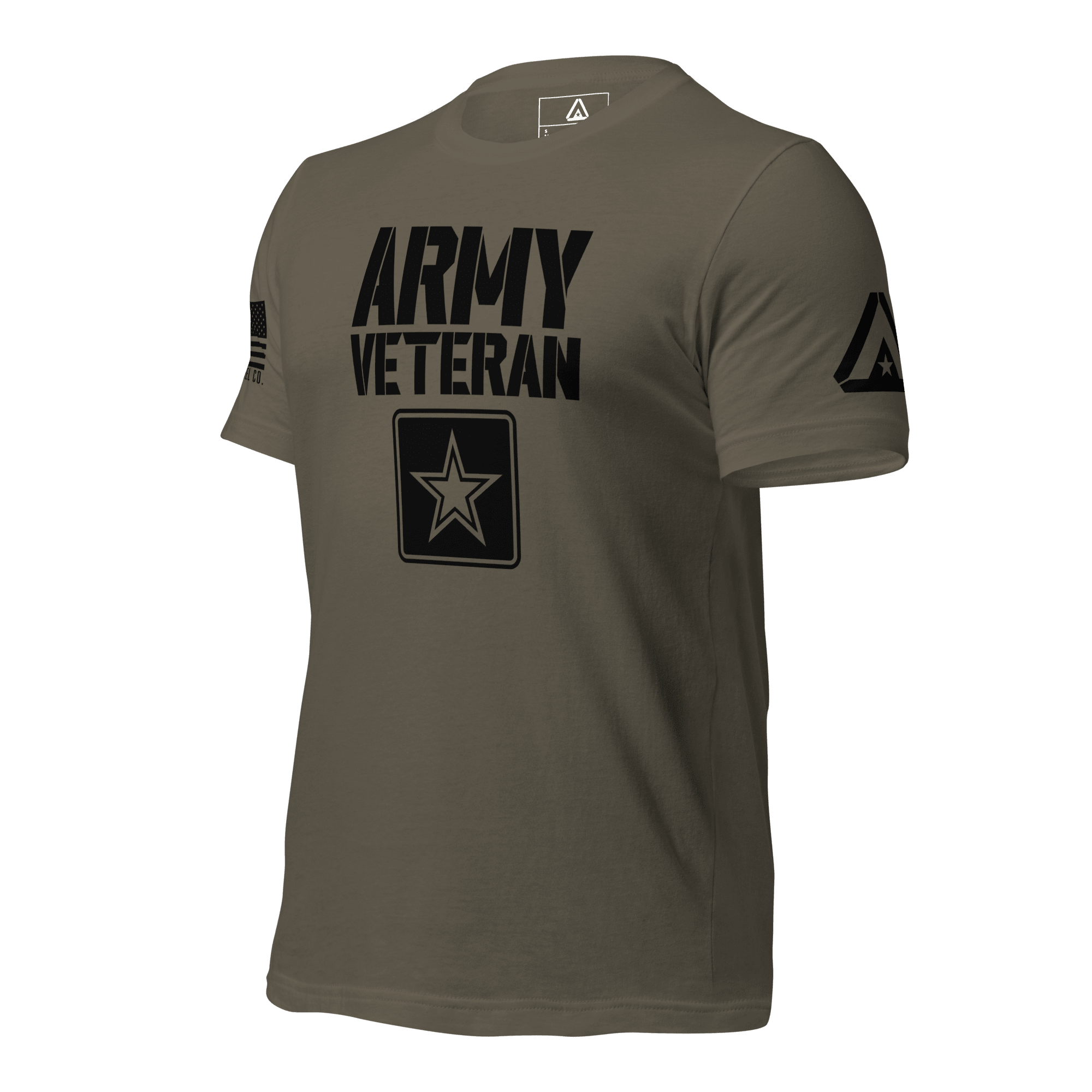 Army green t-shirt angled right, featuring black "ARMY VETERAN" text, star emblem, and DIA logo on the right sleeve.