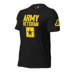 Black t-shirt angled right, featuring yellow "ARMY VETERAN" text, star emblem, and DIA logo on the right sleeve.