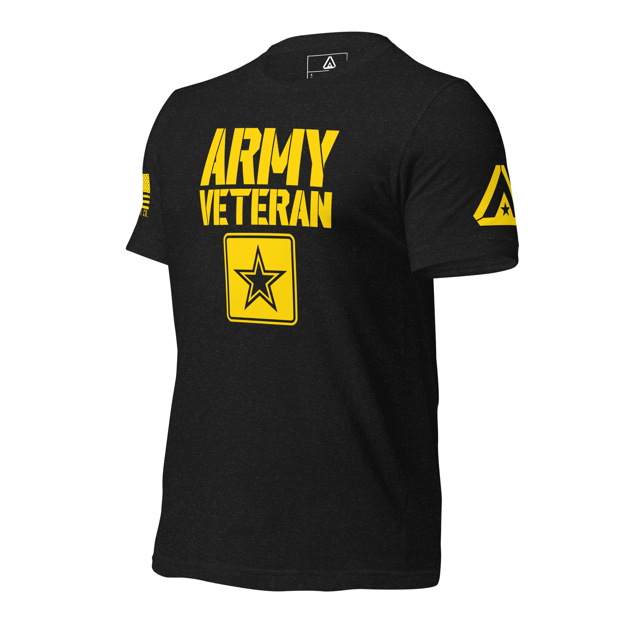 Black t-shirt angled right, featuring yellow "ARMY VETERAN" text, star emblem, and DIA logo on the right sleeve.