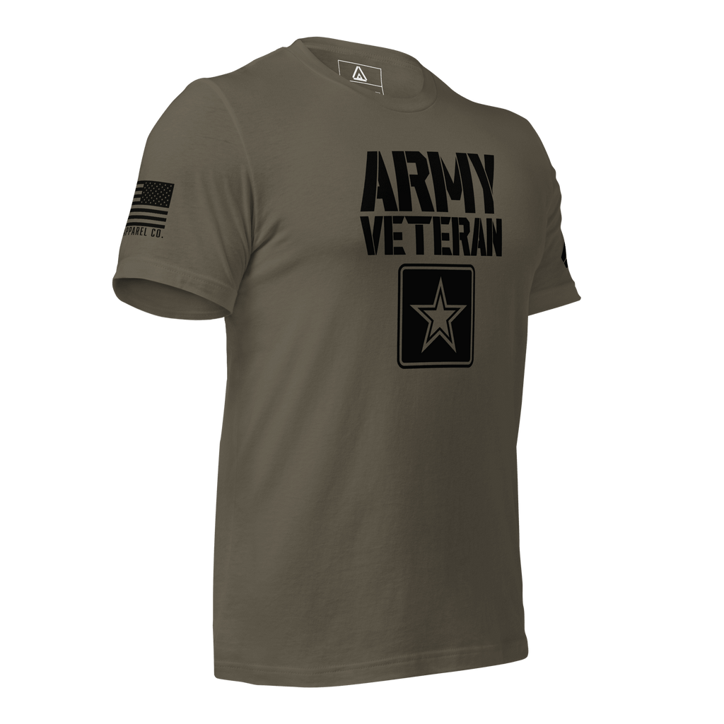 Army green t-shirt angled left, featuring black "ARMY VETERAN" text, star emblem, and American flag on the right sleeve.