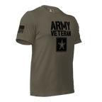 Army green t-shirt angled left, featuring black "ARMY VETERAN" text, star emblem, and American flag on the right sleeve.