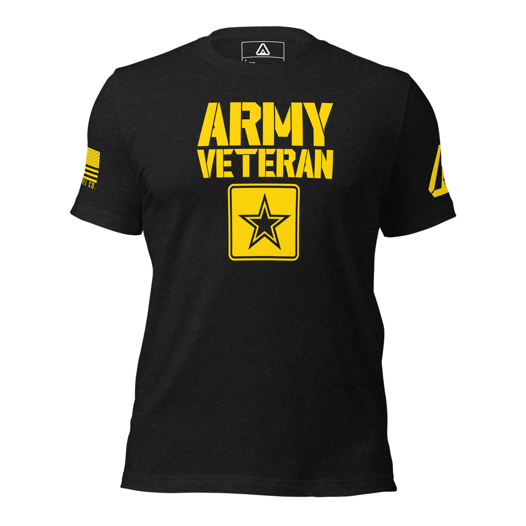 Black t-shirt front view, featuring yellow "ARMY VETERAN" text, star emblem, and DIA logo on the left sleeve.