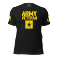 Black t-shirt front view, featuring yellow "ARMY VETERAN" text, star emblem, and DIA logo on the left sleeve.