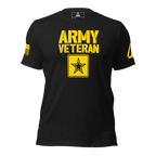 Black t-shirt front view, featuring yellow "ARMY VETERAN" text, star emblem, and DIA logo on the left sleeve.