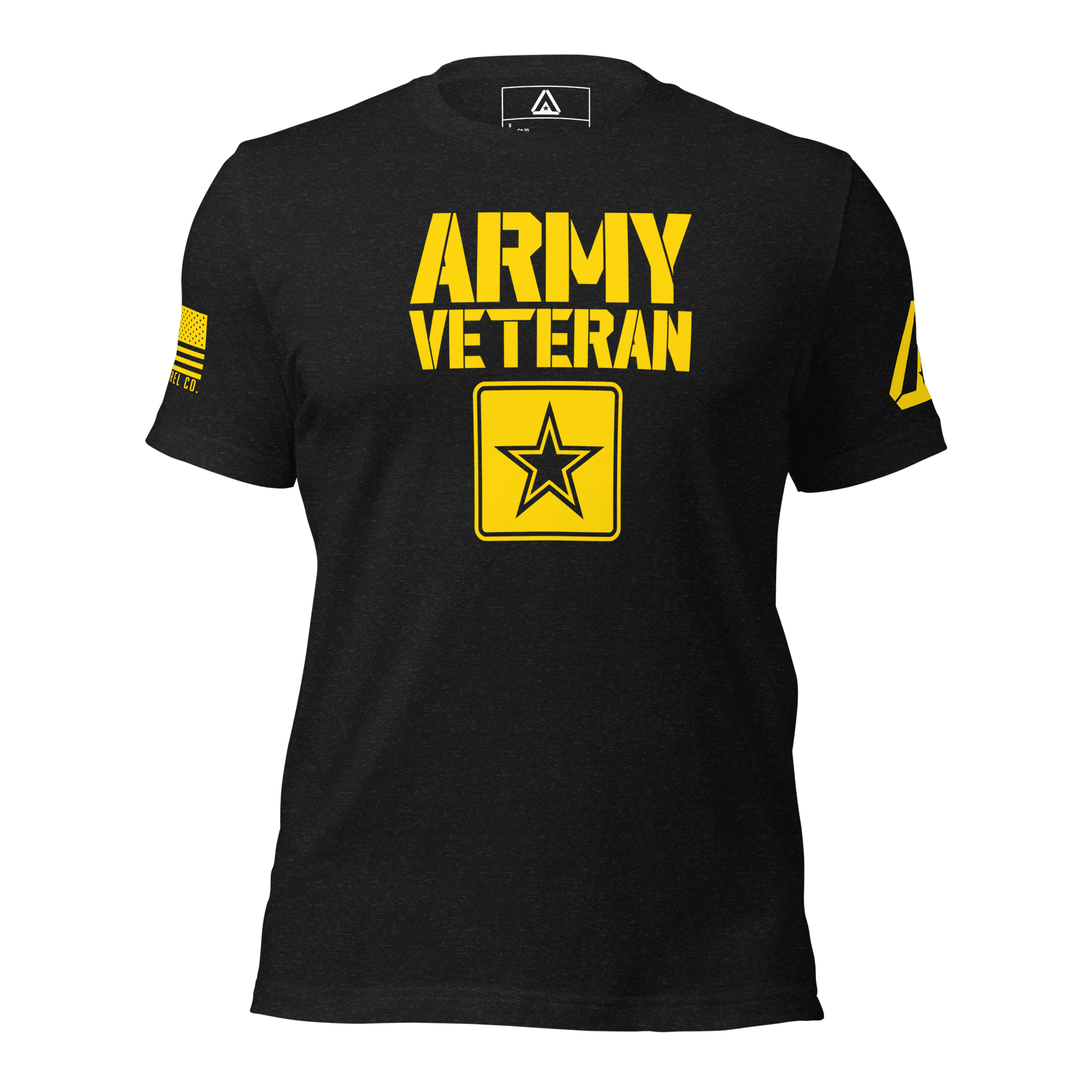 Black t-shirt front view, featuring yellow "ARMY VETERAN" text, star emblem, and DIA logo on the left sleeve.