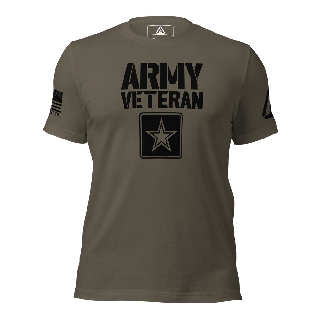 Army green t-shirt front view, featuring black "ARMY VETERAN" text, star emblem, and DIA logo on the left sleeve.