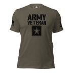 Army green t-shirt front view, featuring black "ARMY VETERAN" text, star emblem, and DIA logo on the left sleeve.