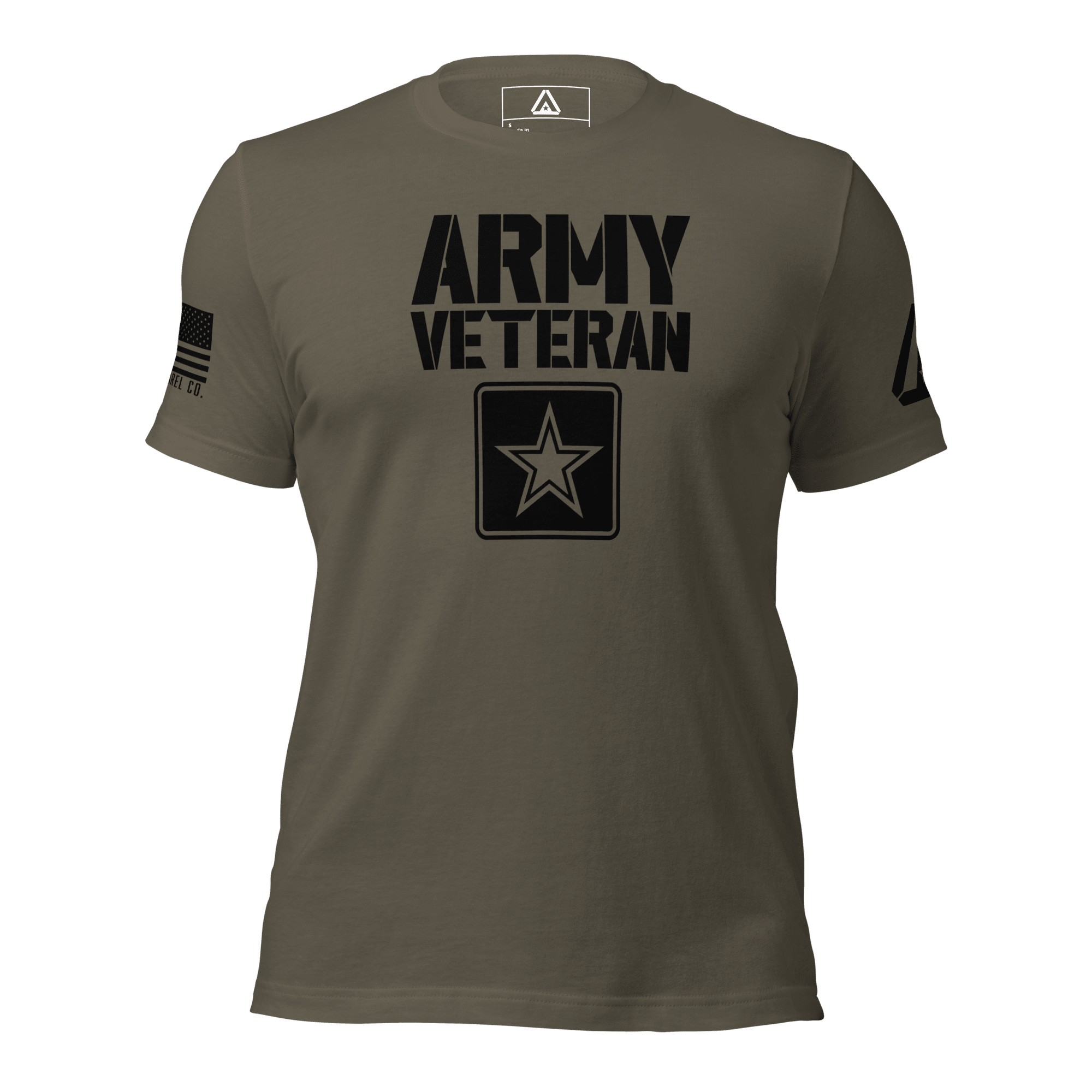 Army green t-shirt front view, featuring black "ARMY VETERAN" text, star emblem, and DIA logo on the left sleeve.