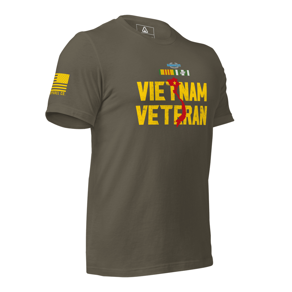 Army green t-shirt, three-quarter view angled left, featuring a yellow American flag on the sleeve.