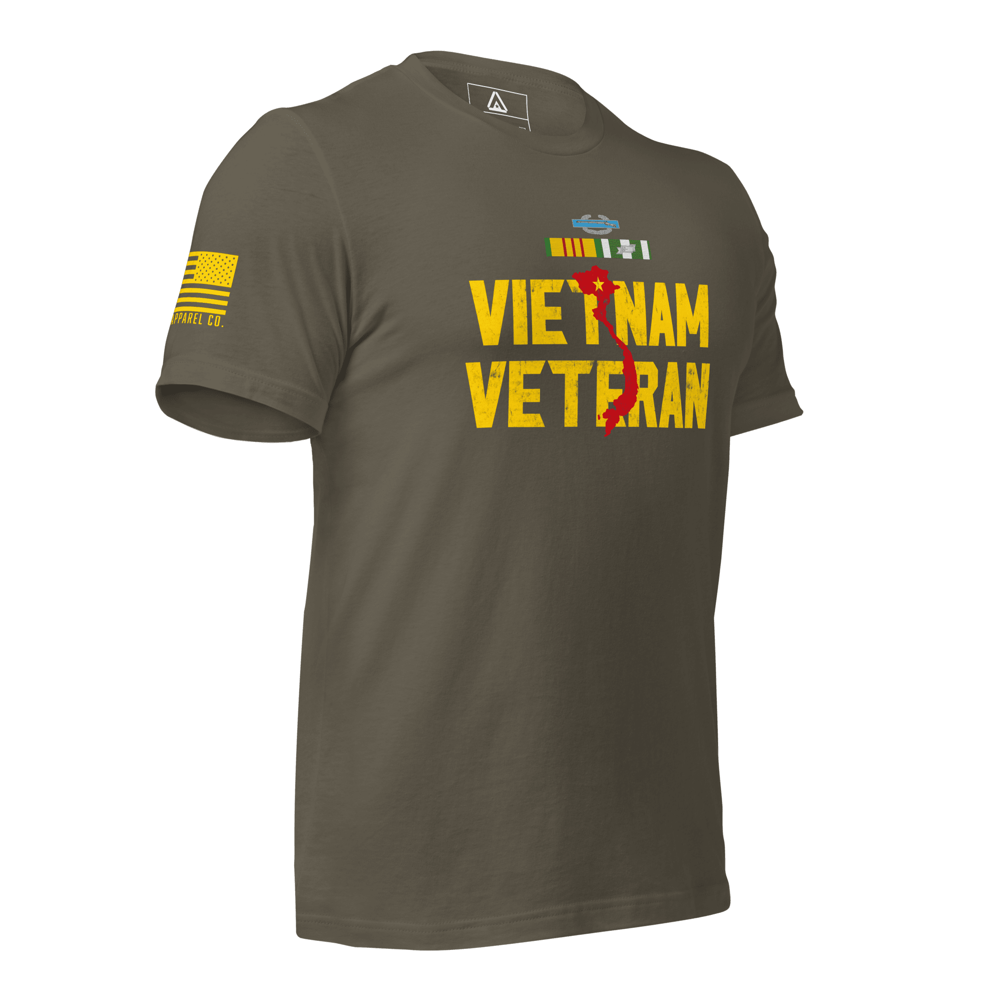 Army green t-shirt, three-quarter view angled left, featuring a yellow American flag on the sleeve.