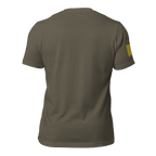 Army green t-shirt, back view, featuring a yellow American flag on the sleeve.