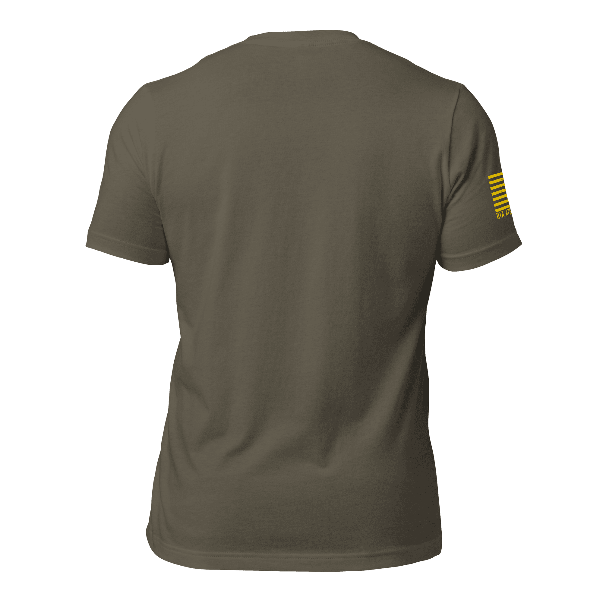 Army green t-shirt, back view, featuring a yellow American flag on the sleeve.