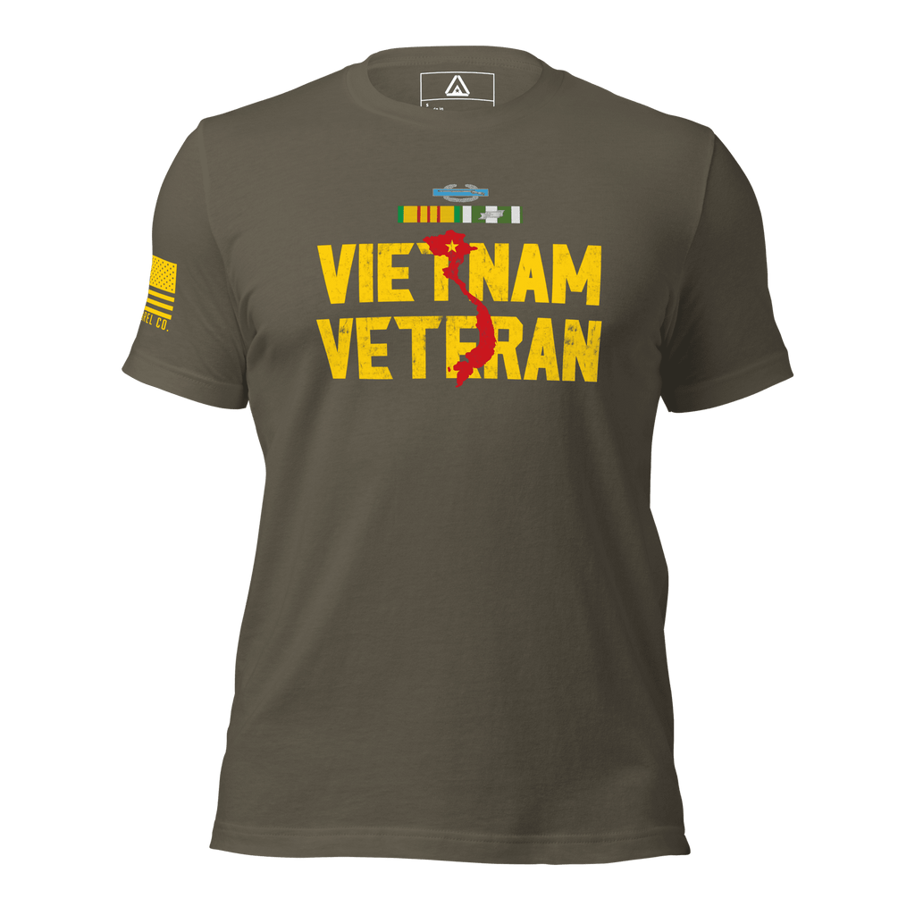 Army green t-shirt featuring "VIETNAM VETERAN" in yellow with a red map and a yellow American flag on the sleeve