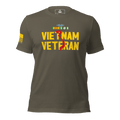 Army green t-shirt featuring "VIETNAM VETERAN" in yellow with a red map and a yellow American flag on the sleeve