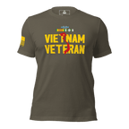 Army green t-shirt featuring "VIETNAM VETERAN" in yellow with a red map and a yellow American flag on the sleeve