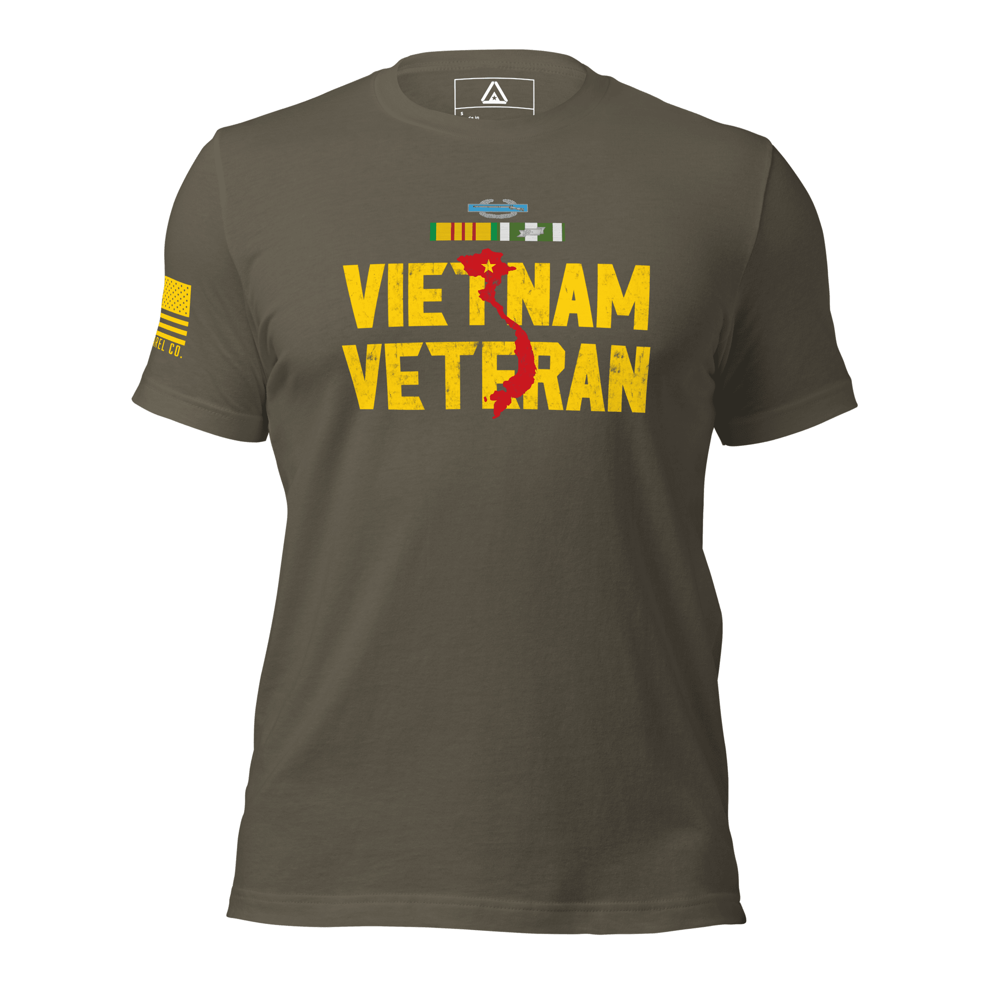 Army green t-shirt featuring "VIETNAM VETERAN" in yellow with a red map and a yellow American flag on the sleeve