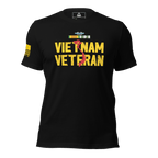 Black t-shirt featuring "VIETNAM VETERAN" in yellow with a red map of Vietnam and a yellow American flag on the sleeve.