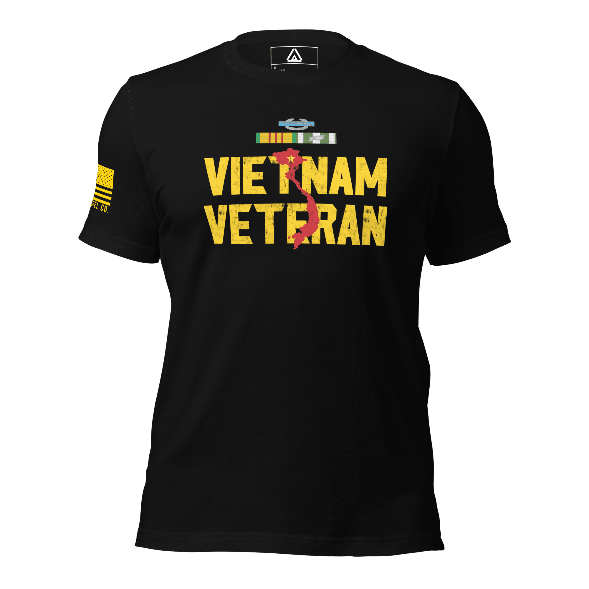 Black t-shirt featuring "VIETNAM VETERAN" in yellow with a red map of Vietnam and a yellow American flag on the sleeve.