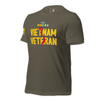 Army green t-shirt, three-quarter view angled right with "VIETNAM VETERAN" in yellow, a red map of Vietnam, and Army ribbons.