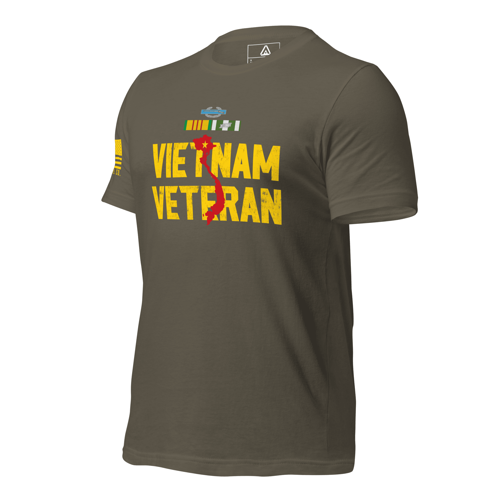 Army green t-shirt, three-quarter view angled right with "VIETNAM VETERAN" in yellow, a red map of Vietnam, and Army ribbons.
