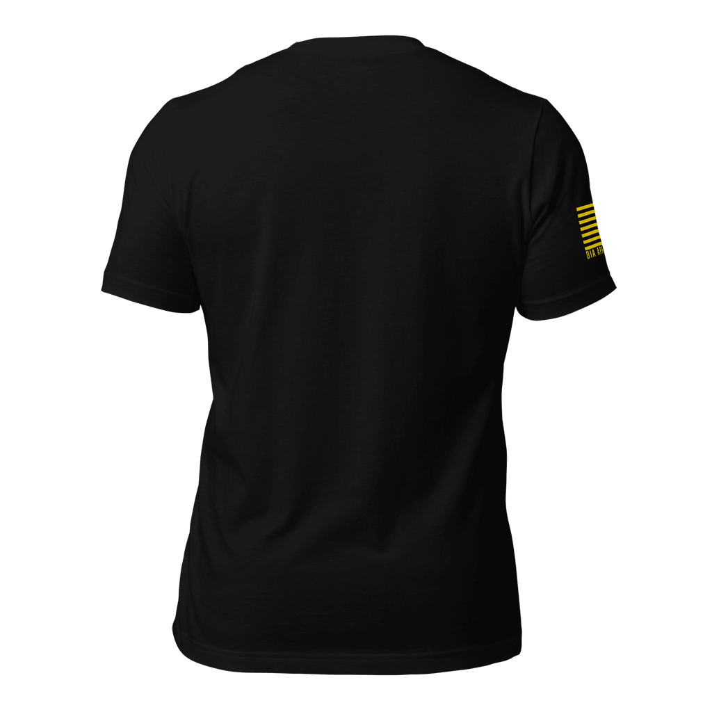 Black t-shirt, back view, featuring a yellow American flag on the sleeve.