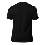 Black t-shirt, back view, featuring a yellow American flag on the sleeve.