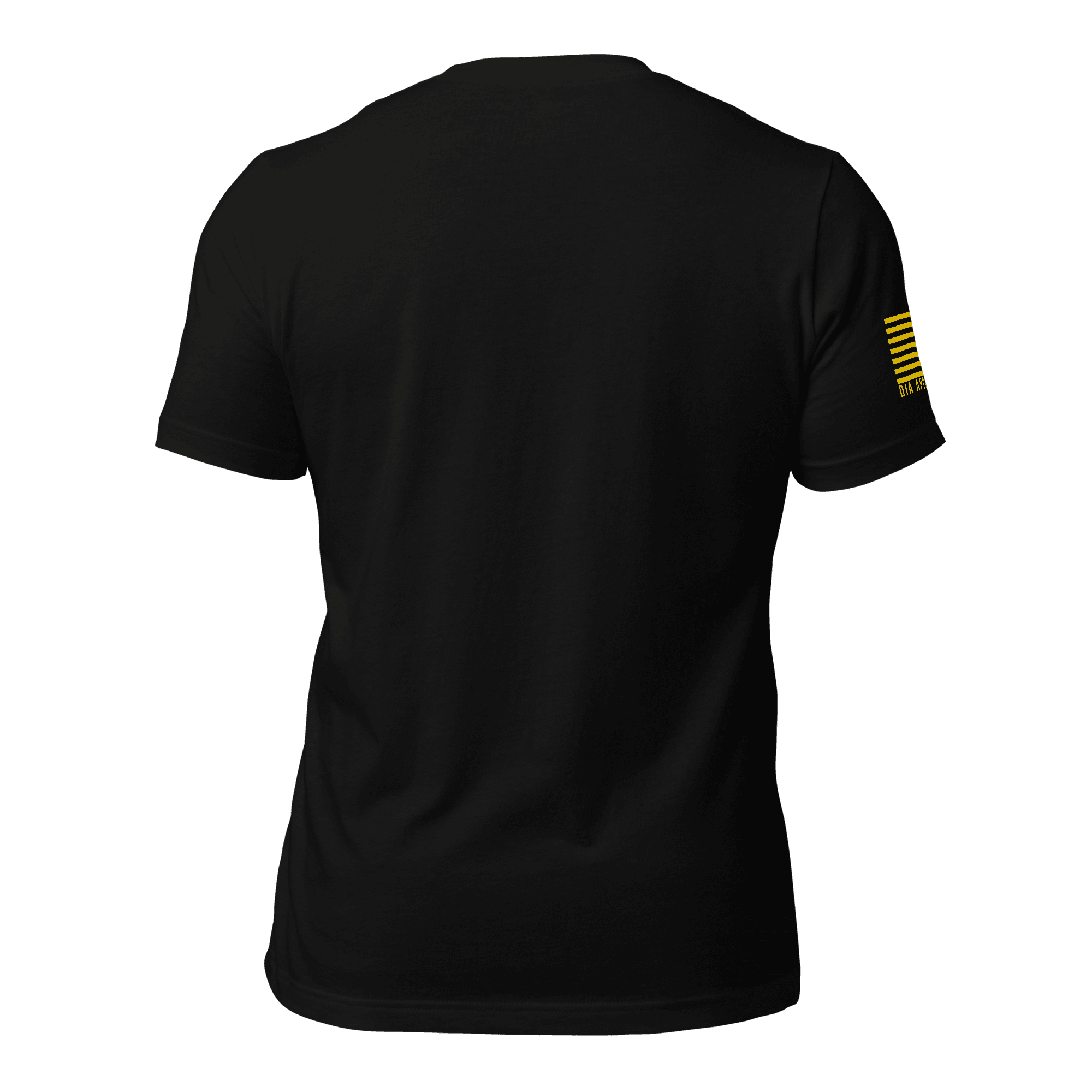 Black t-shirt, back view, featuring a yellow American flag on the sleeve.