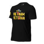 Black t-shirt, angled right, with a yellow "VIETNAM VETERAN" in yellow, a red map of Vietnam, and Army ribbons.