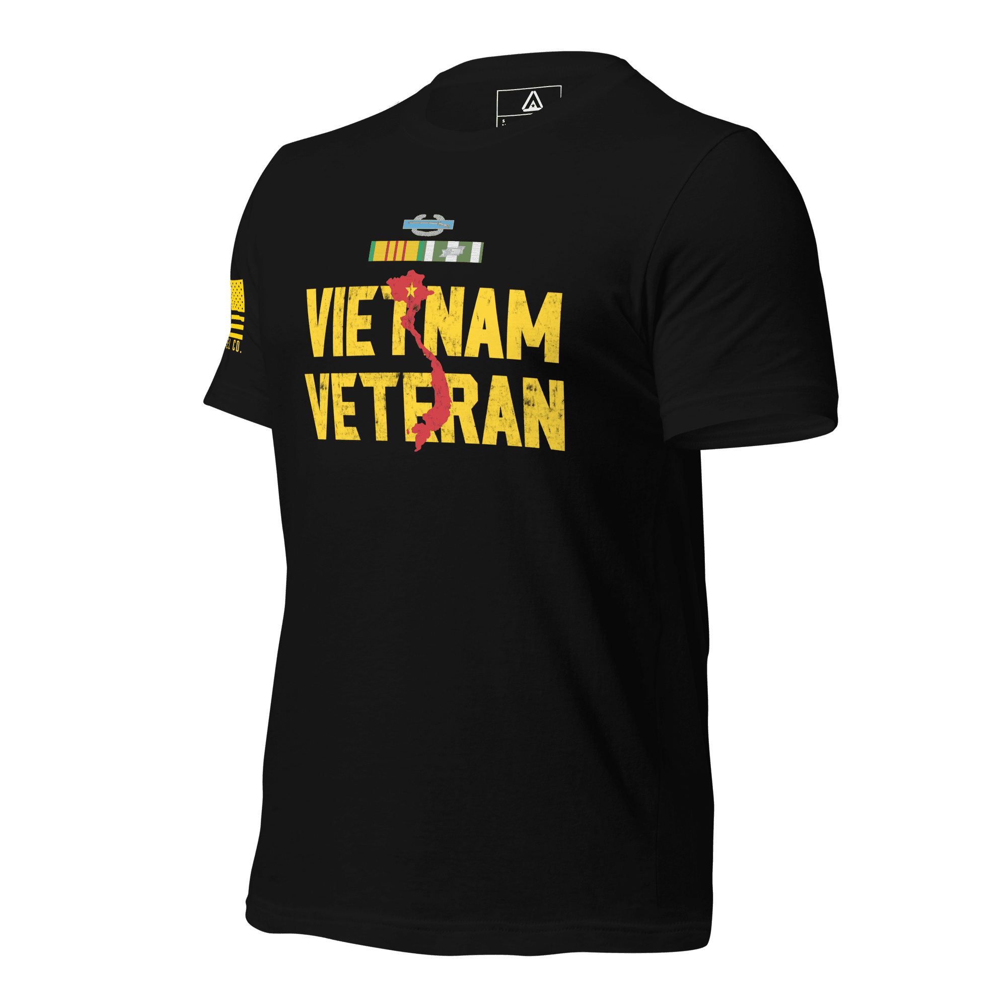 Black t-shirt, angled right, with a yellow "VIETNAM VETERAN" in yellow, a red map of Vietnam, and Army ribbons.