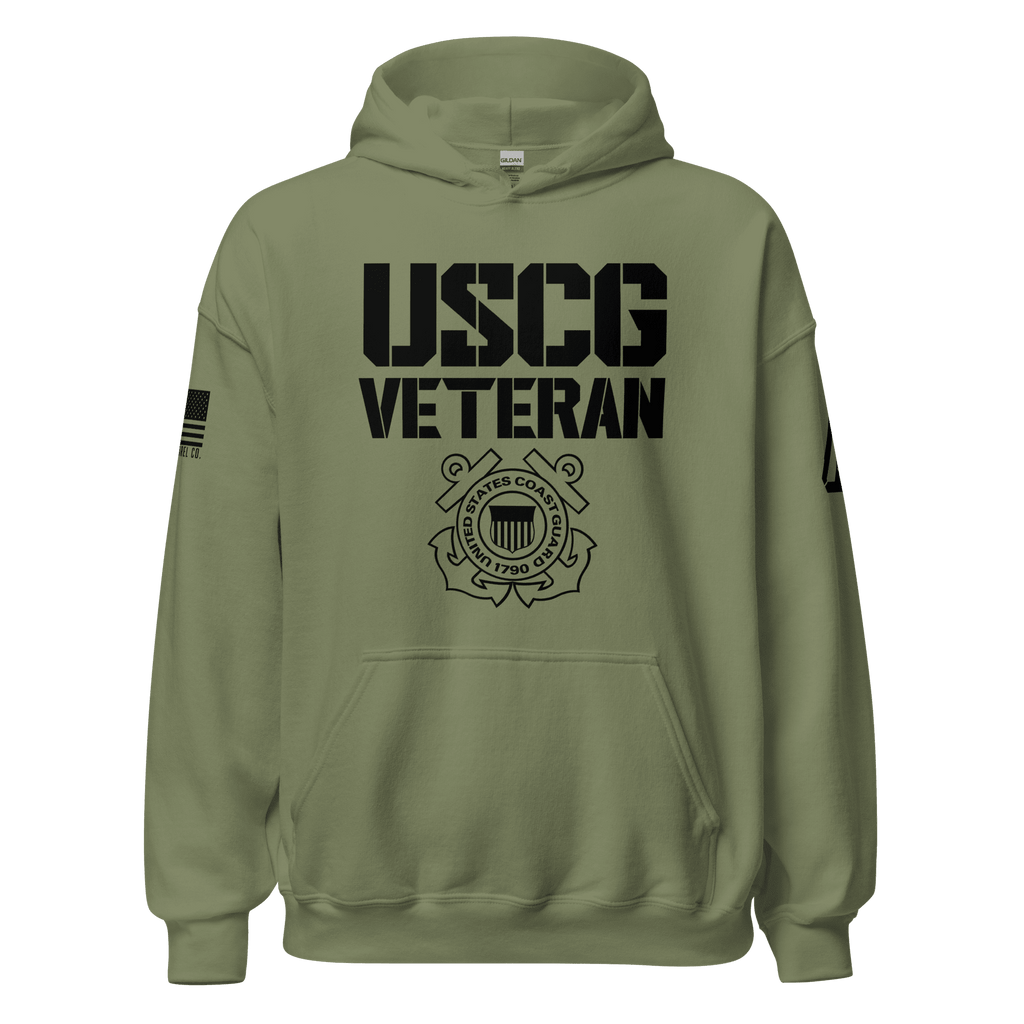 Olive green hoodie, front view, featuring "USCG VETERAN" text, a Coast Guard emblem, and an American flag on the sleeve.