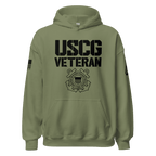 Olive green hoodie, front view, featuring "USCG VETERAN" text, a Coast Guard emblem, and an American flag on the sleeve.