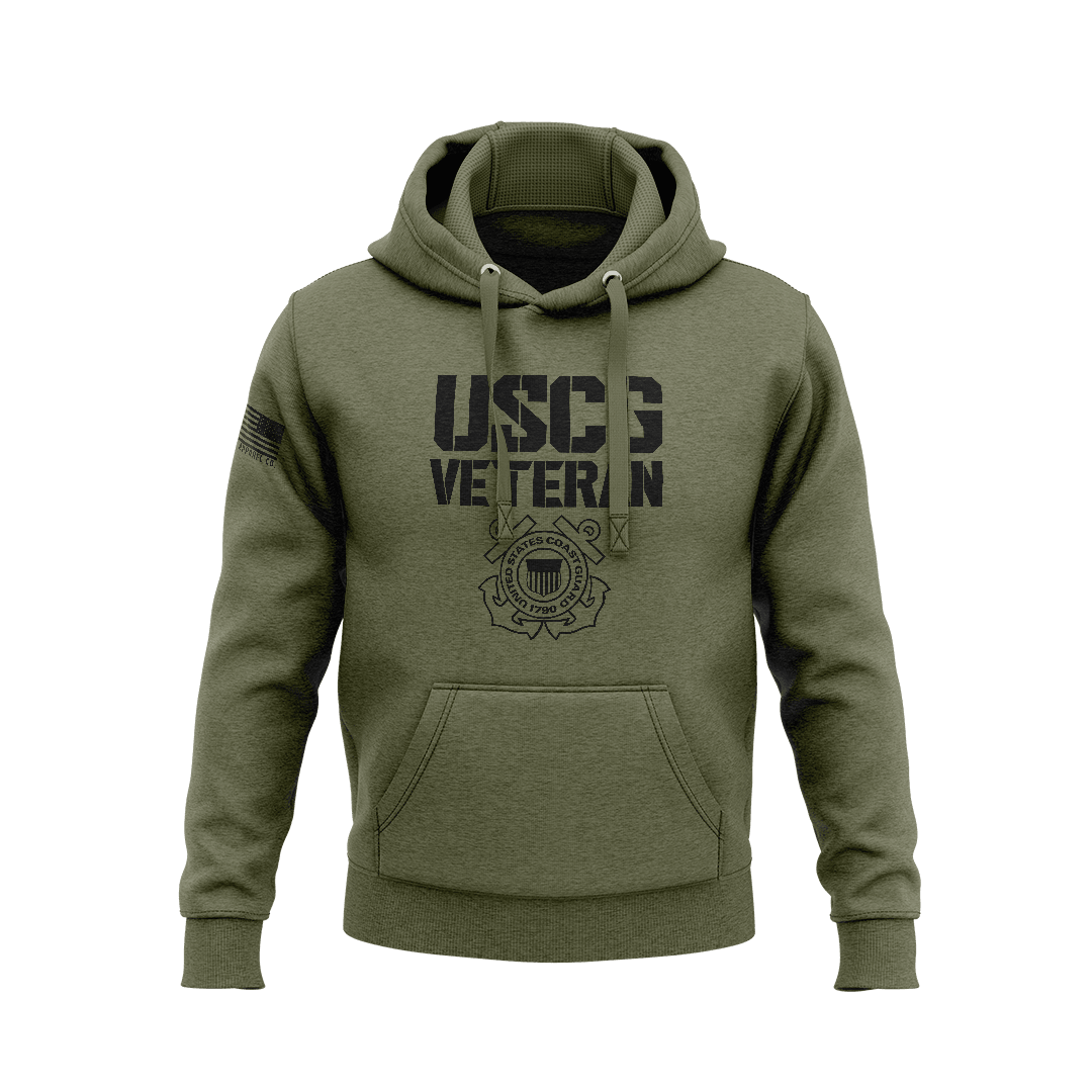Military green hoodie featuring front stencil "USCG VETERAN" text with Coast Guard emblem and right sleeve flag patch.   