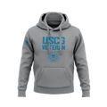 Heather gray hoodie displaying blue "USCG VETERAN" stencil font above Coast Guard seal, with right sleeve flag patch.   