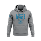 Heather gray hoodie displaying blue "USCG VETERAN" stencil font above Coast Guard seal, with right sleeve flag patch.   