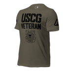 Dark army green t-shirt, angled toward the right, featuring black "USCG VETERAN" text and emblem, and DIA logo