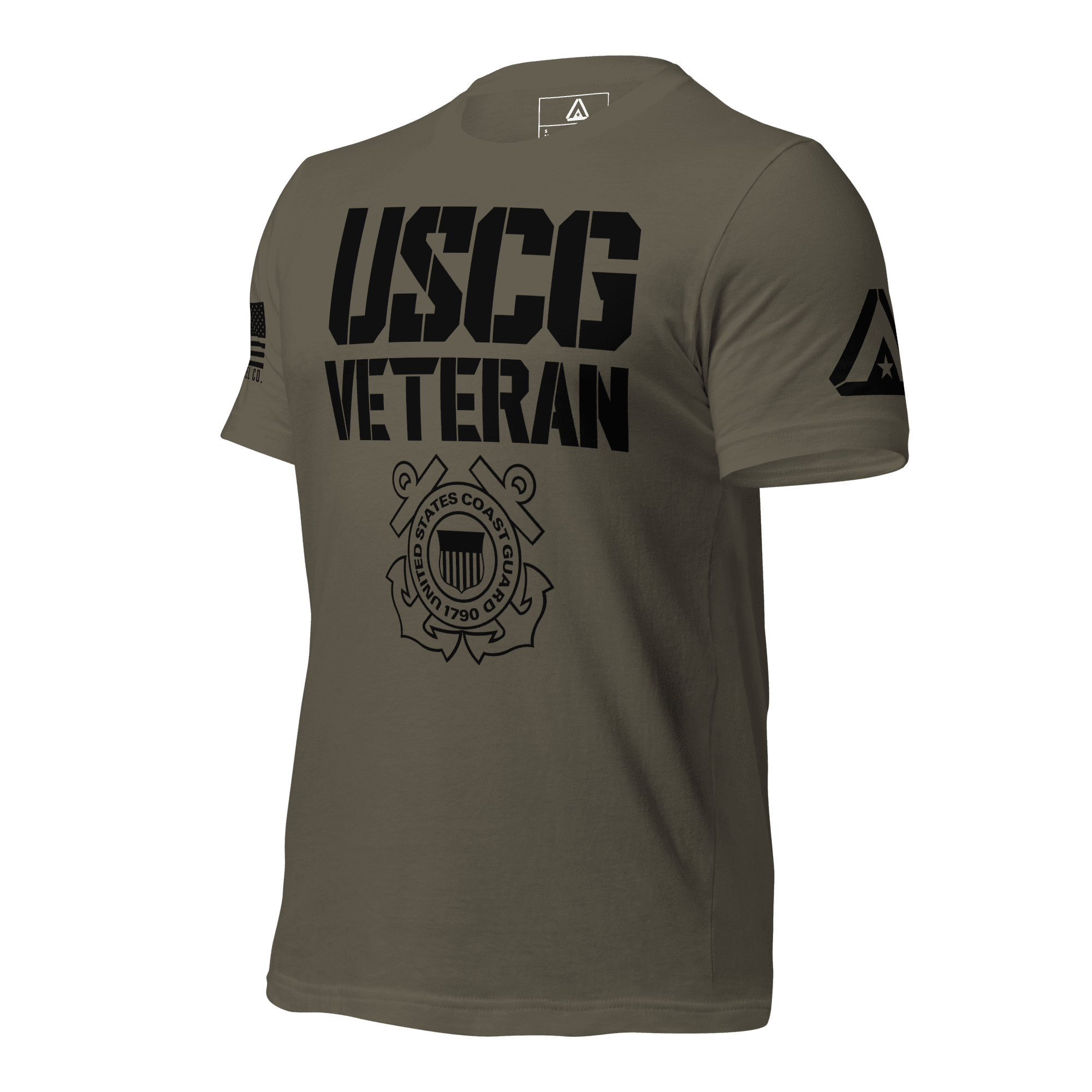 Dark army green t-shirt, angled toward the right, featuring black "USCG VETERAN" text and emblem, and DIA logo