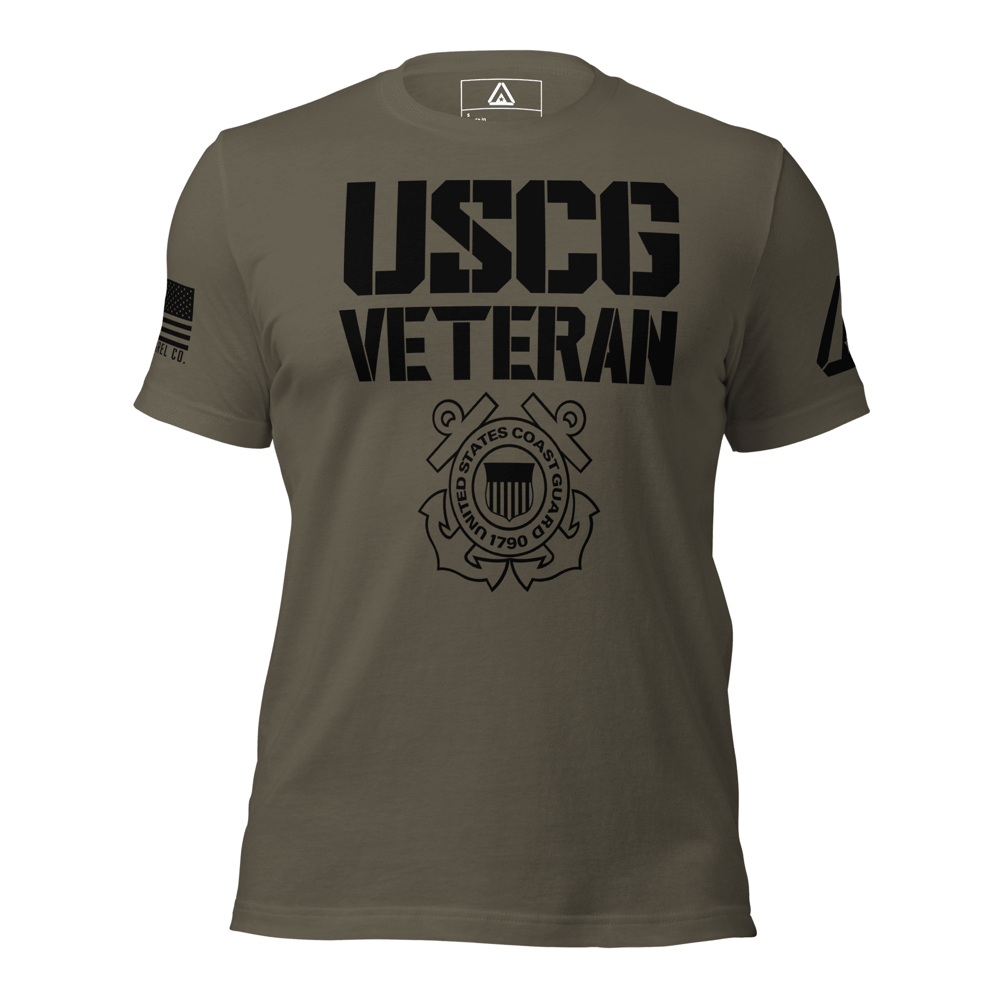 Dark army green t-shirt, front view, with black "USCG VETERAN" text, military emblem, and an American flag on the sleeve.