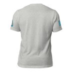 Athletic heather t-shirt, back view, featuring a blue DIA logo and blue American flag graphic on the sleeves.