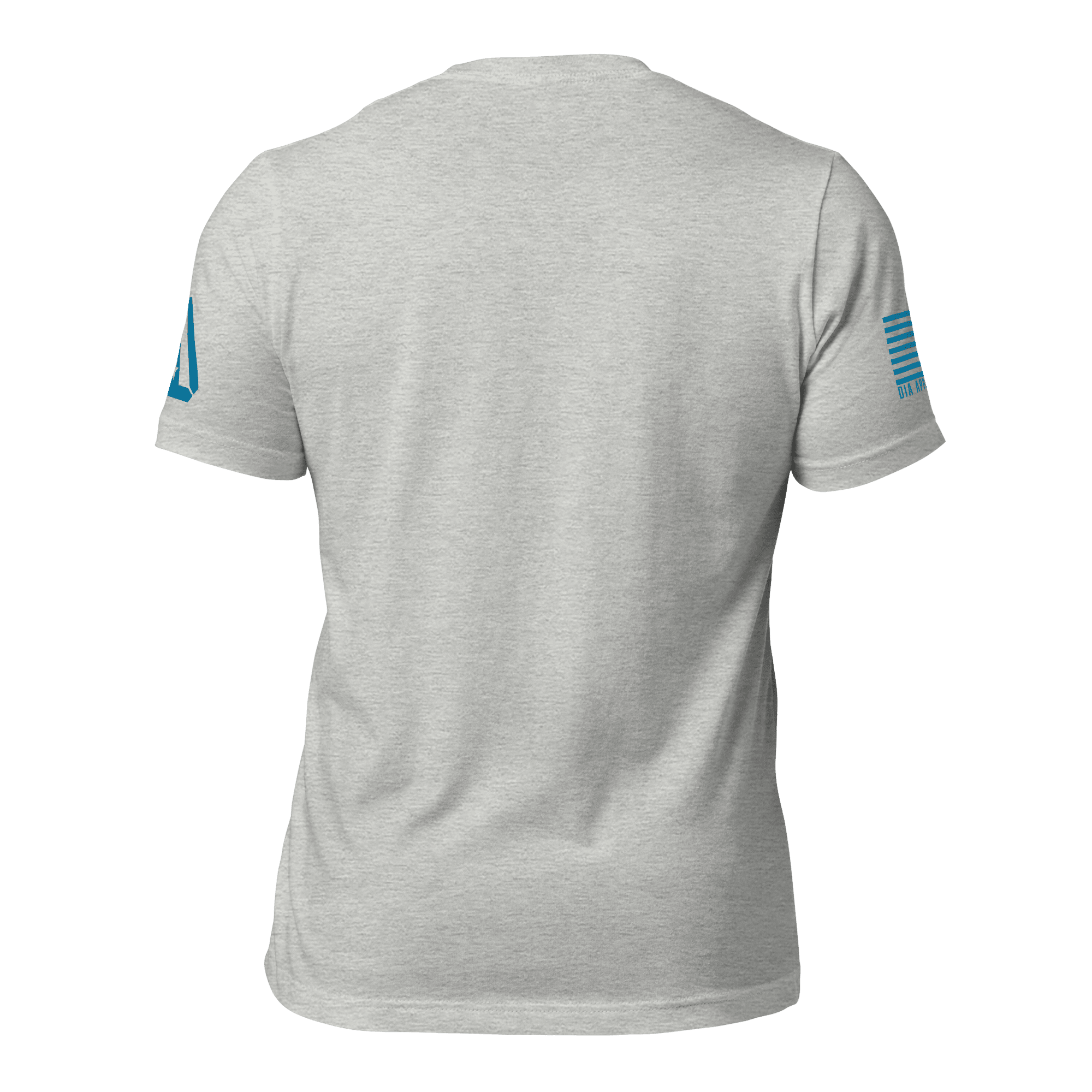Athletic heather t-shirt, back view, featuring a blue DIA logo and blue American flag graphic on the sleeves.