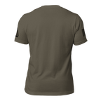 Dark army green t-shirt, back view, featuring a black DIA logo on the left sleeve and an American flag on the right.
