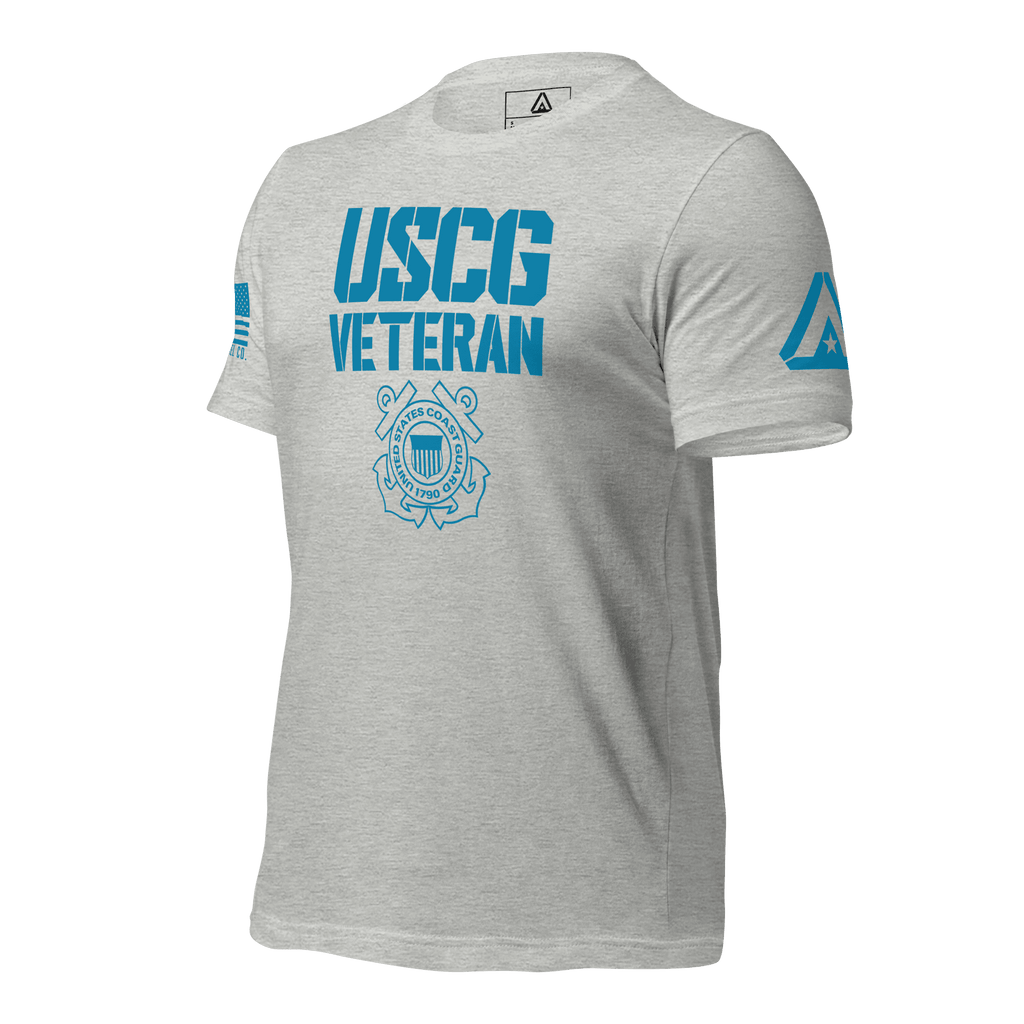 Athletic heather t-shirt, angled right, featuring USCG Veteran text, Coast Guard emblem, and DIA logo.