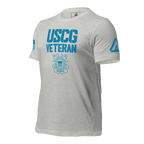 Athletic heather t-shirt, angled right, featuring USCG Veteran text, Coast Guard emblem, and DIA logo.