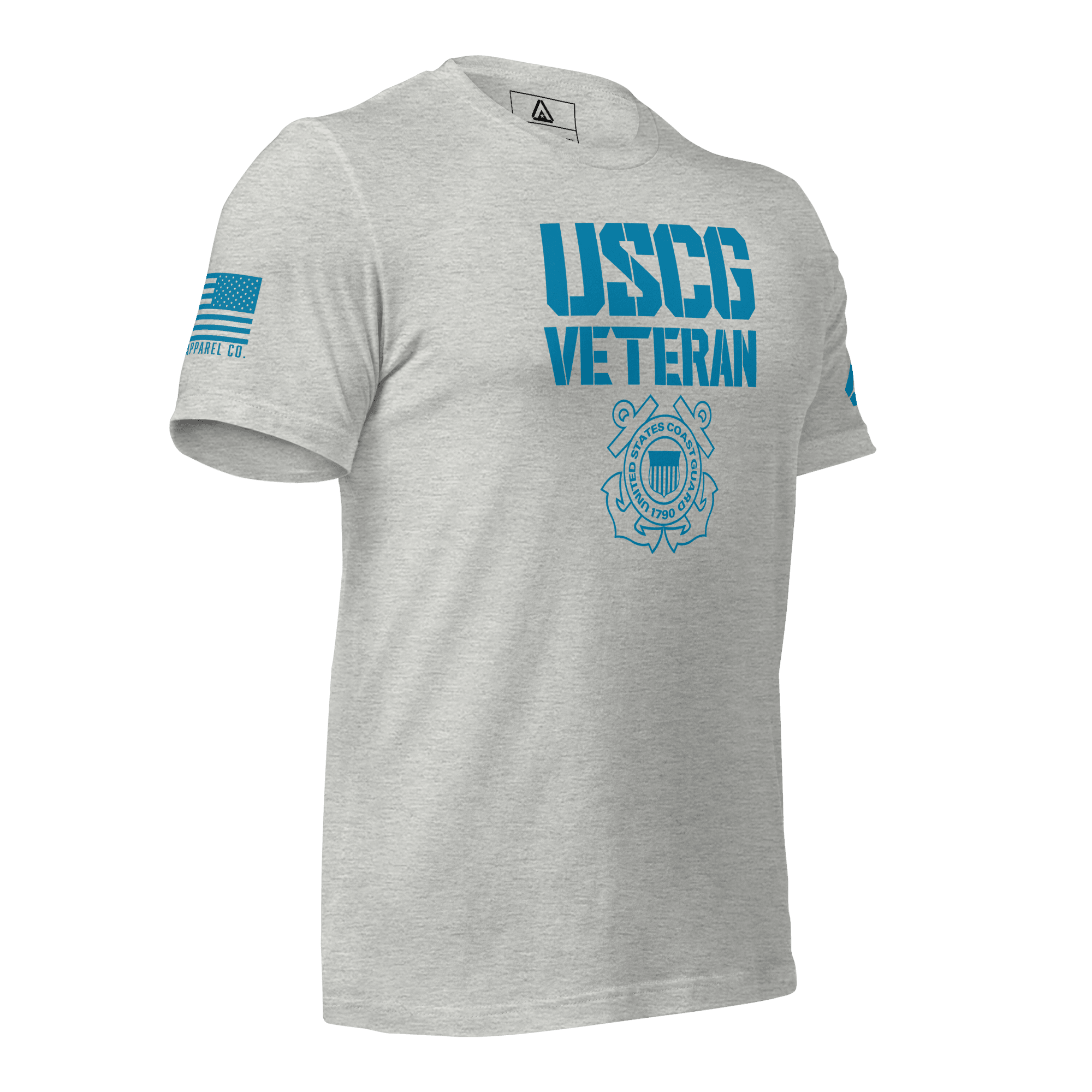 Athletic heather t-shirt, angled left, featuring USCG Veteran text, Coast Guard emblem, and blue American flag.