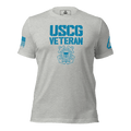 Athletic heather t-shirt, front view, featuring USCG Veteran text, Coast Guard emblem, DIA logo, and blue American flag.