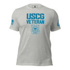 Athletic heather t-shirt, front view, featuring USCG Veteran text, Coast Guard emblem, DIA logo, and blue American flag.