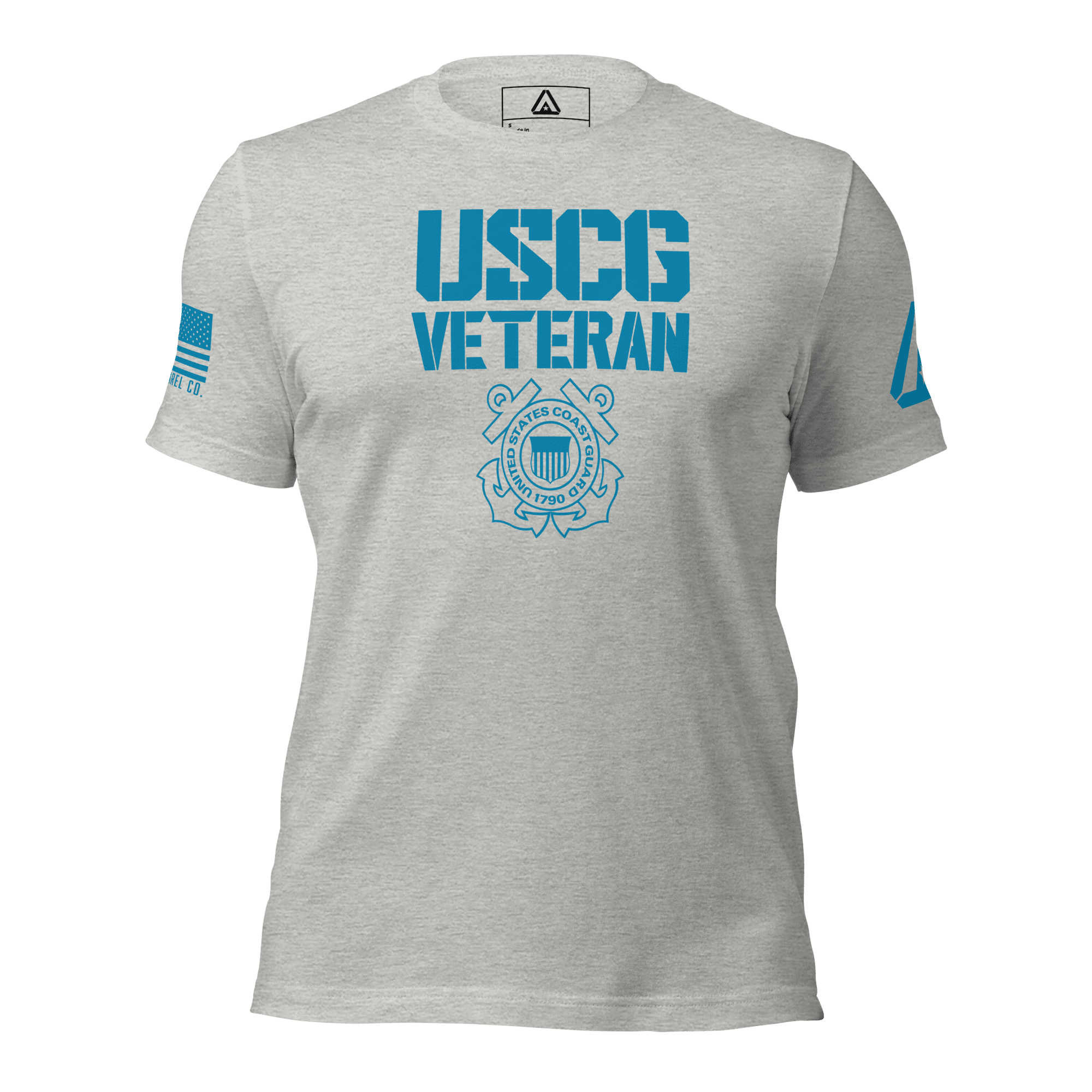 Athletic heather t-shirt, front view, featuring USCG Veteran text, Coast Guard emblem, DIA logo, and blue American flag.
