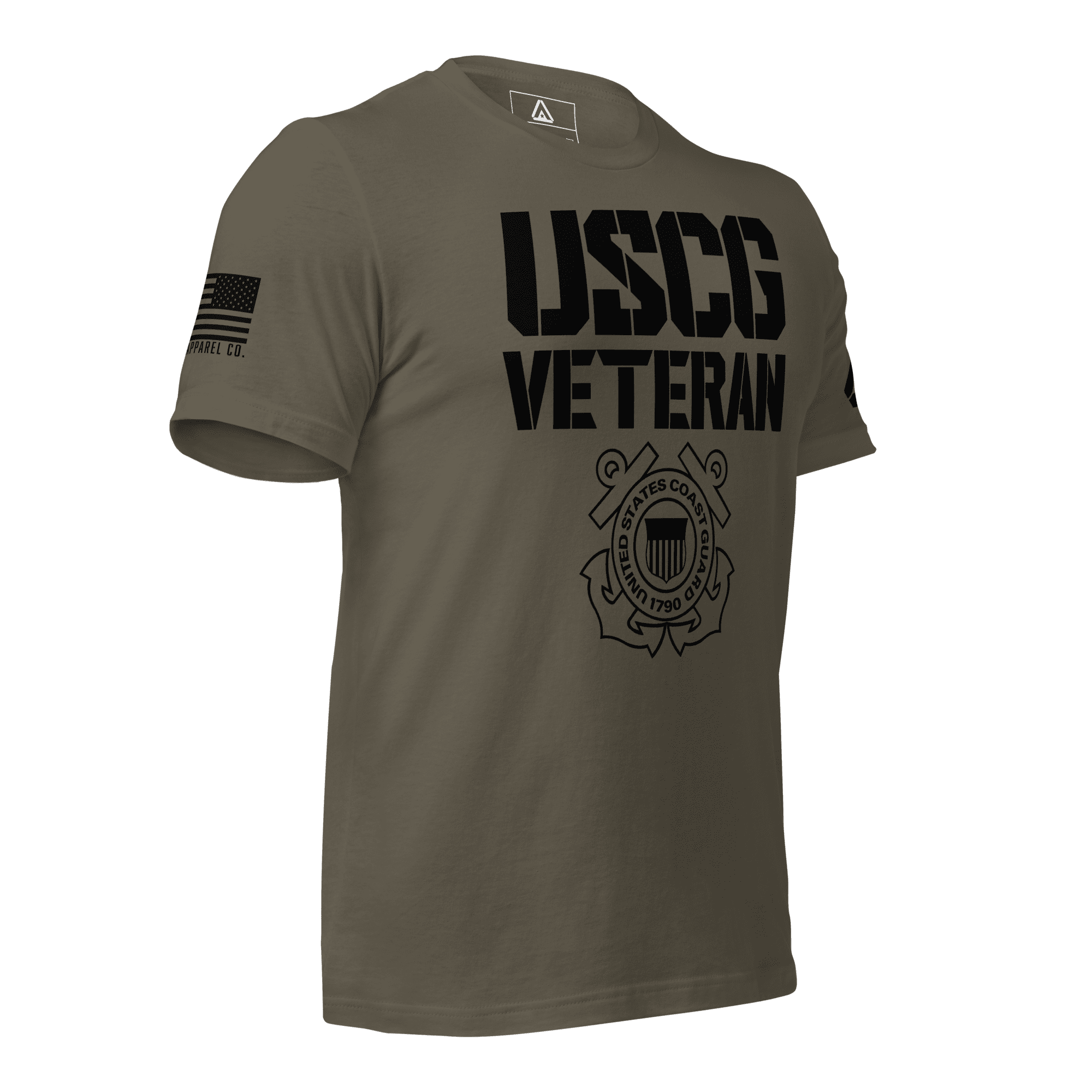 Dark army green t-shirt, angled toward the left, with black "USCG VETERAN" text and emblem, and a black American flag.